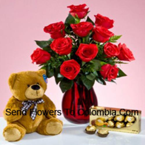 12 Rote Rosen mit 12 Zoll Teddy und Ferrero Rochers