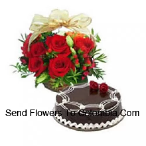 Basket Of 12 Red Roses With 1 Kg Chocolate Truffle Cake