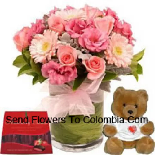 Assorted Flowers in a Vase, a Cute Teddy Bear, and a Box of Chocolate