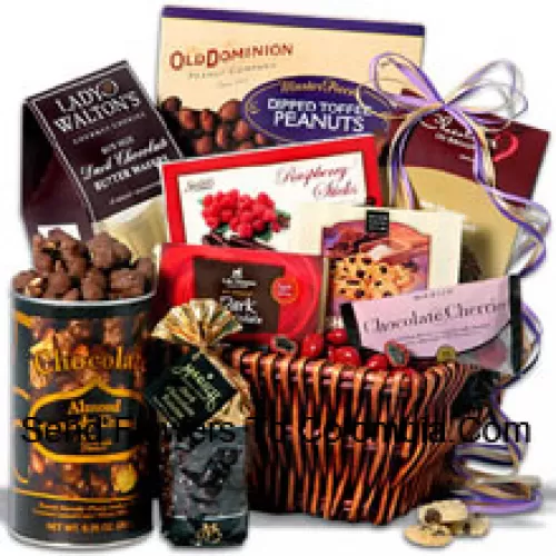 Panier-cadeau de la Saint-Valentin avec chocolat amande pécan-dy Crunch, barre signature au chocolat noir, bâtonnets de framboise noire, cacahuètes enrobées de toffee, gaufrettes au beurre de chocolat noir, raisins au chocolat noir, biscuits sablés aux pépites de chocolat, croquant au beurre d'amande au chocolat au lait et cerises enrobées de chocolat (Veuillez noter que nous nous réservons le droit de substituer tout produit par un produit approprié de valeur égale en cas de non-disponibilité d'un certain produit)