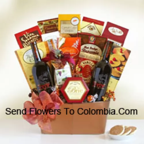 This Gift Basket has a bottle of Cabernet Sauvignon (Red Wine), a bottle of Merlot (Red Wine) , biscotti, Lindt truffles, gourmet snack mix, Sonoma cheese straws, cheese, flatbread crisps, cranberry harvest medley, carrot cake cookies, toasted almonds, a hot fudge brownie, vanilla caramels, gourmet popcorn and French vanilla wafer cookies. (Contents of basket including wine may vary by season and delivery location. In case of unavailability of a certain product we will substitute the same with a product of equal or higher value)