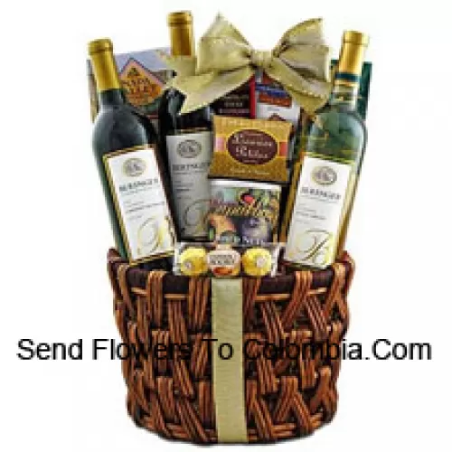 Questo cesto regalo include Beringer California Collection Cabernet Sauvignon Vino Rosso, Beringer California Collection Merlot Vino Rosso, Beringer California Collection Pinot Grigio Vino Bianco, cioccolato Ghirardelli, cioccolatini Ferrero Rocher, grissini al miele e senape della Napa Valley, toffee al burro Cashew Roca con cioccolato e anacardi, bastoncini di cioccolato al lampone Rademaker, caramelle alla liquirizia JM Morgans e noci miste in latta regalo. (Il contenuto del cesto, incluso il vino, può variare a seconda della stagione e del luogo di consegna. In caso di indisponibilità di un certo prodotto, lo sostituiremo con un prodotto di pari o maggior valore)