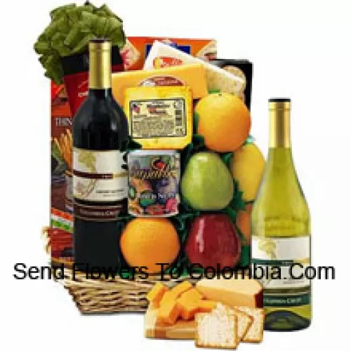 Esta canasta de regalo incluye vino tinto cabernet sauvignon de Columbia-Crest, vino blanco Chardonnay de Columbia-Crest, 6 piezas de fruta fresca de huerto, queso Monterey Jack, queso Colby Cheddar, quesos Muenster, galletas de crema Barber, galletas crujientes Monet, tradicionales palitos de pan italiano importados, palitos de pretzel Chio stickletti y surtido de nueces deluxe en lata de regalo. (El contenido de la canasta, incluyendo el vino, puede variar según la temporada y la ubicación de entrega. En caso de no disponibilidad de cierto producto, lo sustituiremos por un producto de valor igual o superior)