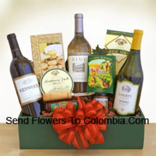 This Gift Basket tied with a beautiful bow holds Cabernet Sauvignon, Chardonnay and a delicious Sauvignon Blanc. Accompanying gourmet snacks include Monterey Jack cheese, Three Pepper water crackers, smoked almonds, a cheese spreader, Sonoma cheese straws, salami and a mini Napa Valley mustard. (Contents of basket including wine may vary by season and delivery location. In case of unavailability of a certain product we will substitute the same with a product of equal or higher value)