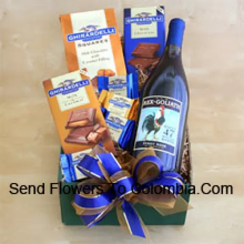 This Gift Basket includes A bottle of fine California Cabernet, Ghirardelli chocolate squares and Ghirardelli chocolate bars in milk and caramel. (Contents of basket including wine may vary by season and delivery location. In case of unavailability of a certain product we will substitute the same with a product of equal or higher value)